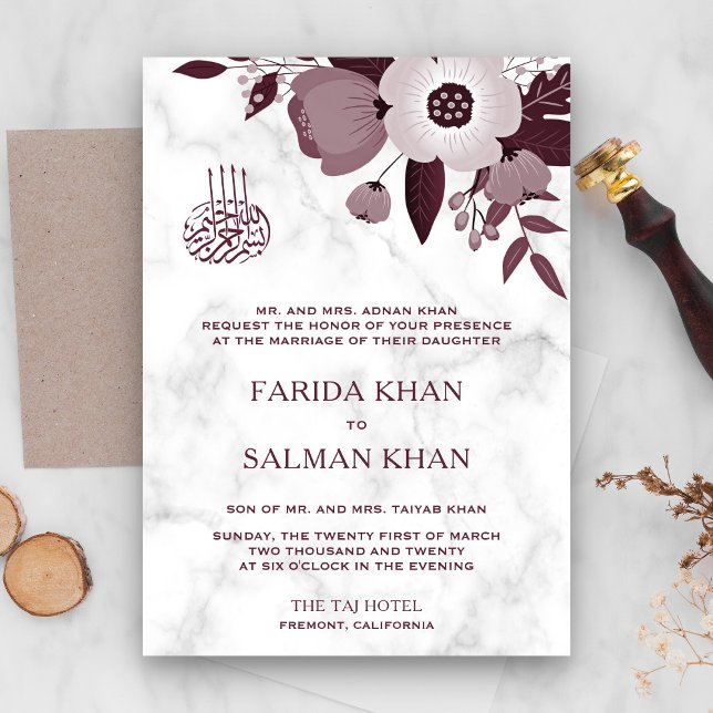 Invitación Boda Islámica de Floral Borgoña y Mármol Blanco (Subido por el creador)
