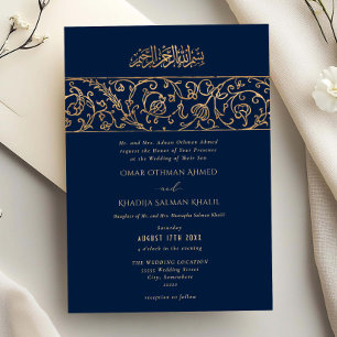 Invitación Boda Islámica de Lujo Floral Dorado Azul Marino