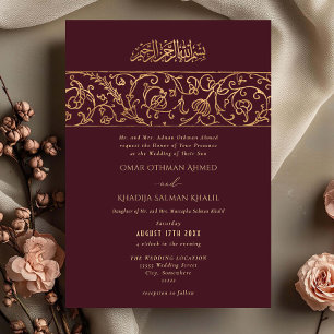 Invitación Boda Islámica de Lujo Floral Dorado Rojo Granate