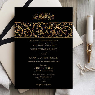Invitación Boda Islámica de Lujo Floral Oro Negro