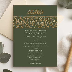 Invitación Boda Islámica de Lujo Floral Verde Salvia y Dorado
