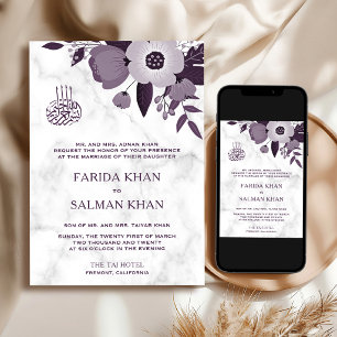 Invitación Boda Islámica de Mármol Blanco Floral Púrpura Oscu
