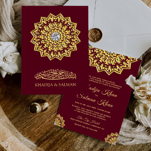 Invitación Boda Islámica de Motivo Dorado Burgundy Tradiciona