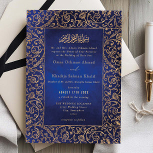 Invitación Boda Islámica de Terciopelo Azul y Dorado Vintage 