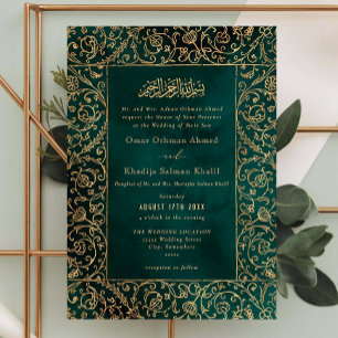 Invitación Boda Islámica de Terciopelo Dorado y Verde Floral