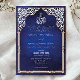 Invitación Boda islámica dorada y azul con arco ornamentado a