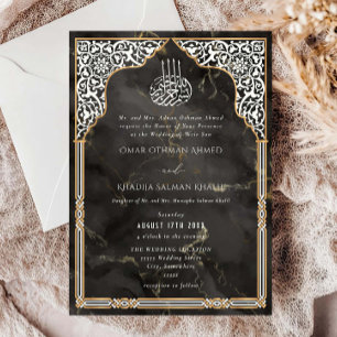 Invitación Boda islámica dorada y negra con arco ornamentado