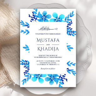 Invitación Boda Islámica Floral Acuarela Azul Brillante