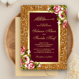 Invitación Boda Islámica Floral Burgundy Brillo Dorado