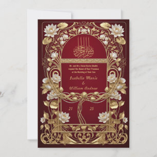 Invitación Boda Islámica Floral en Rojo Antiguo Dorado de la 
