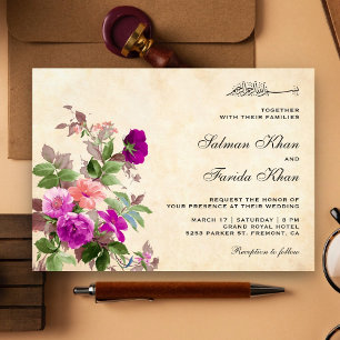 Invitación Boda Islámica Floral Púrpura Rústica Vintage