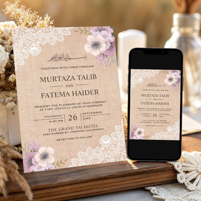 Invitación Boda Islámica Floral Rosa Encaje Arpillera Rústica (Subido por el creador)