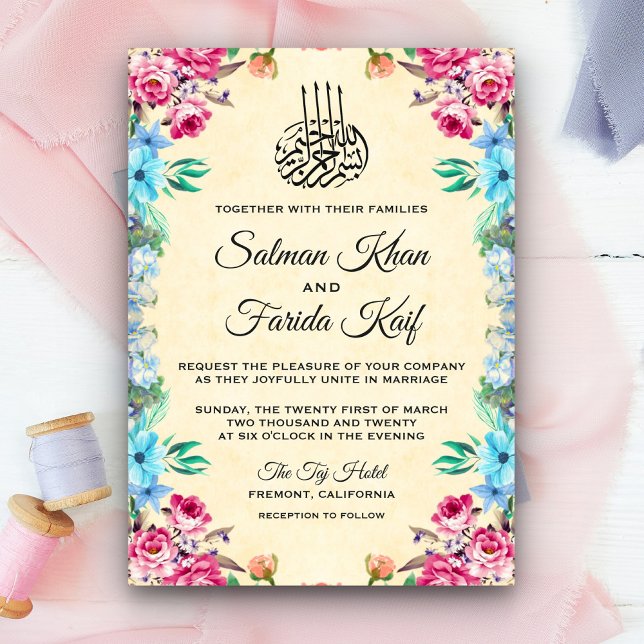 Invitación Boda islámica floral rosa y Verde azulada (Subido por el creador)