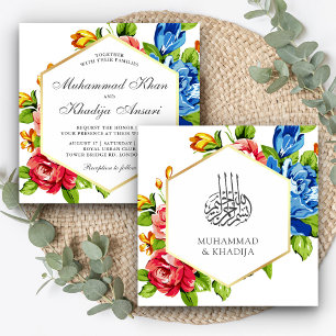 Invitación Boda Islámica Floral Vibrante Falso Oro Geométrico