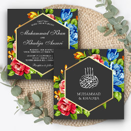 Invitación Boda Islámica Floral Vibrante Falso Oro Geométrico