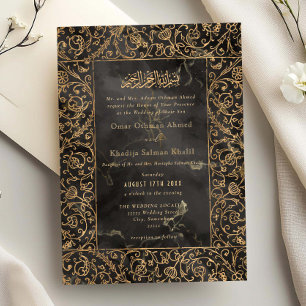 Invitación Boda Islámica Floral Vintage Gold & Black Marble
