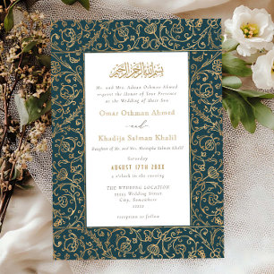 Invitación Boda Islámica Floral Vintage Gold y Azul Nilo