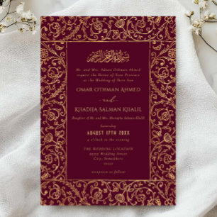 Invitación Boda Islámica Floral Vintage Oro y Borgoña