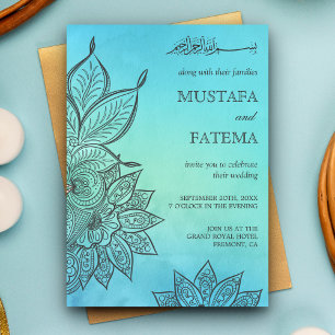 Invitación Boda Islámica Henna Acuarela Azul