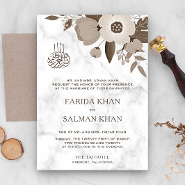 Invitación Boda Islámica Mármol Blanco Floral Marrón Sepia