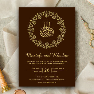 Invitación Boda islámica marrón floral dorada ornamentada vin