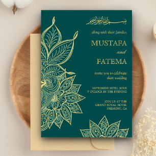Invitación Boda Islámica Mehendi Henna Verde Mar Dorado