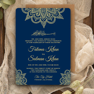 Invitación Boda Islámica Mehndi Henna Azul Marino Dorado