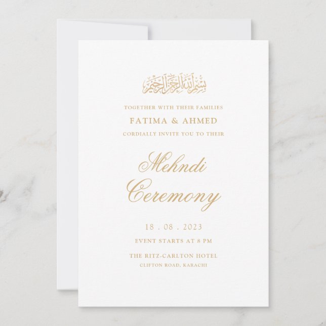 Invitación Boda Islámica Musulmana Blanca Mínima Mehndi (Anverso)