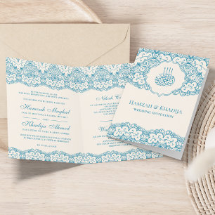 Invitación Boda Islámica Musulmana con Encaje Crema y Azul