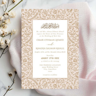 Invitación Boda Islámica Musulmana de Crema y Oro Floral Vint