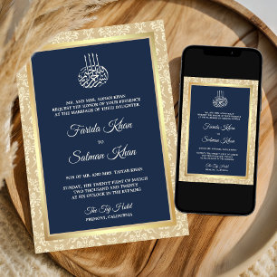 Invitación Boda Islámica Musulmana de Damasco Crema Azul Mari