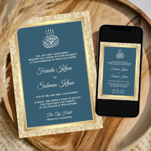Invitación Boda Islámica Musulmana de Damasco Crema Azul Polv