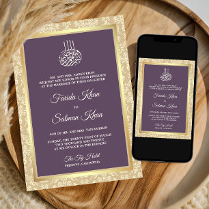 Invitación Boda Islámica Musulmana de Damasco Crema Púrpura P