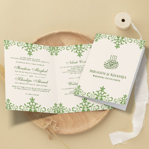 Invitación Boda Islámica Musulmana de Damasco Crema y Verde