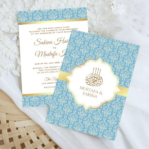 Invitación Boda Islámica Musulmana de Damasco Dorado y Azul C