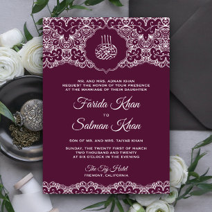 Invitación Boda Islámica Musulmana de Encaje Ciruela y Blanco