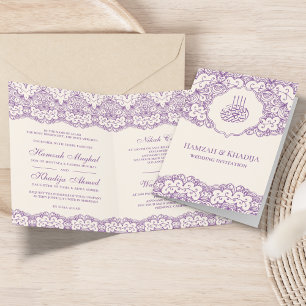 Invitación Boda Islámica Musulmana de Encaje Crema y Púrpura
