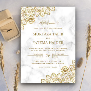 Invitación Boda Islámica Musulmana de Encaje Dorado con Mármo