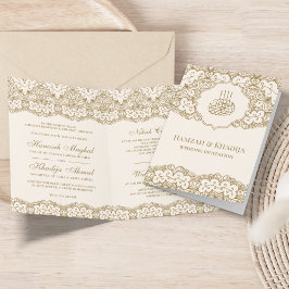 Invitación Boda islámica musulmana de encaje dorado y crema