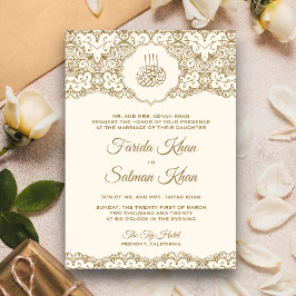 Invitación Boda islámica musulmana de encaje dorado y crema