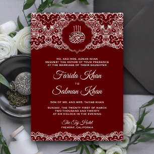 Invitación Boda Islámica Musulmana de Encaje Granate y Blanco