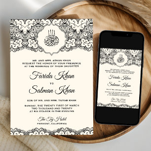 Invitación Boda Islámica Musulmana de Encaje Negro y Crema