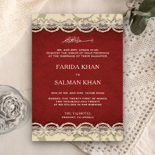 Invitación Boda islámica musulmana de encaje rojo y beige vin