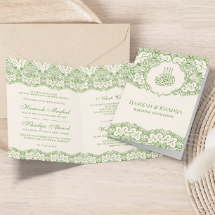 Invitación Boda islámica musulmana de encaje verde y crema