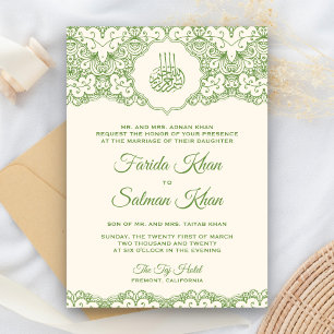 Invitación Boda islámica musulmana de encaje verde y crema