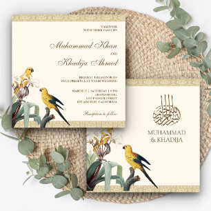 Invitación Boda islámica musulmana de loros amarillos lindos
