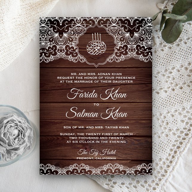 Invitación Boda Islámica Musulmana de Madera Rústica y Encaje (Subido por el creador)