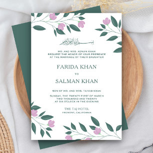 Invitación Boda islámica musulmana de rama verde rosa y azul