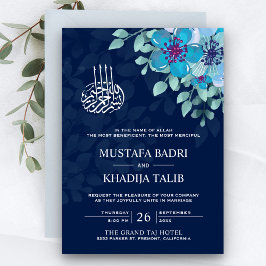Invitación Boda Islámica Musulmana Floral Azul Moderno de Med