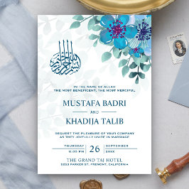 Invitación Boda Islámica Musulmana Floral Azul Oceánico Moder